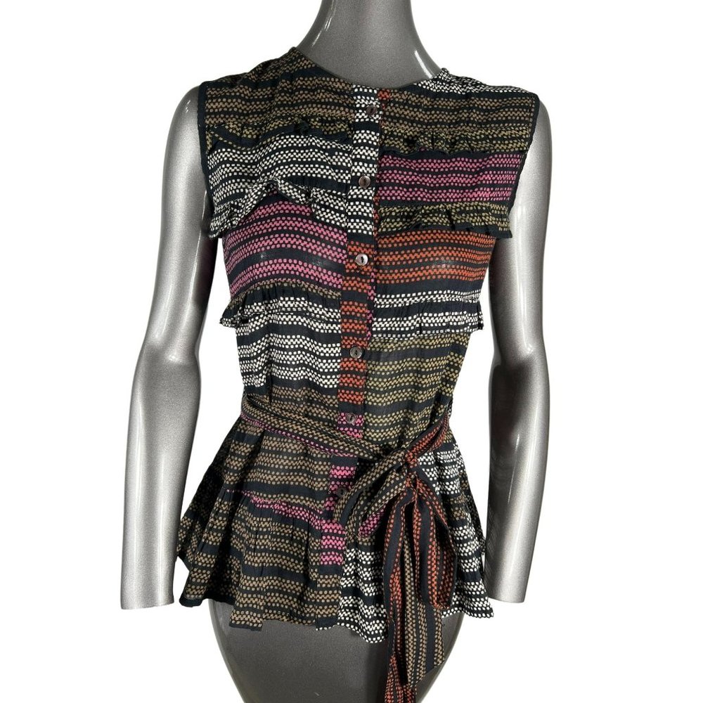 Banjanan Top Tied Sleeveless Stripe Cotton Ruffle Button Blouse Shirt Small